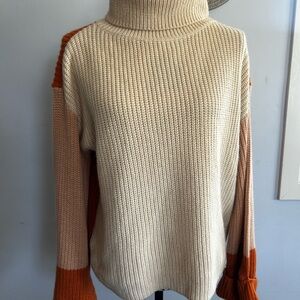 Simple Cream and Orange Cowl‎ Turtleneck Sweater